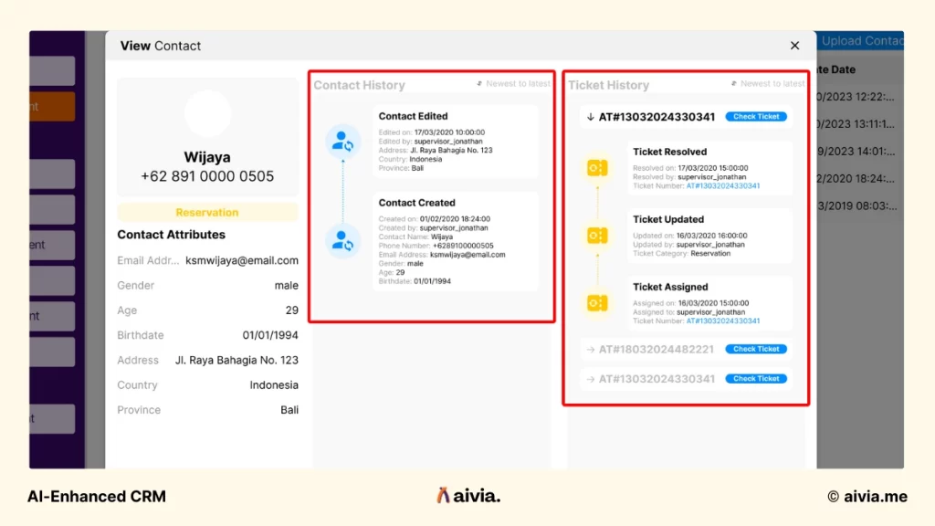 fitur contact history dan ticket history di aivia crm