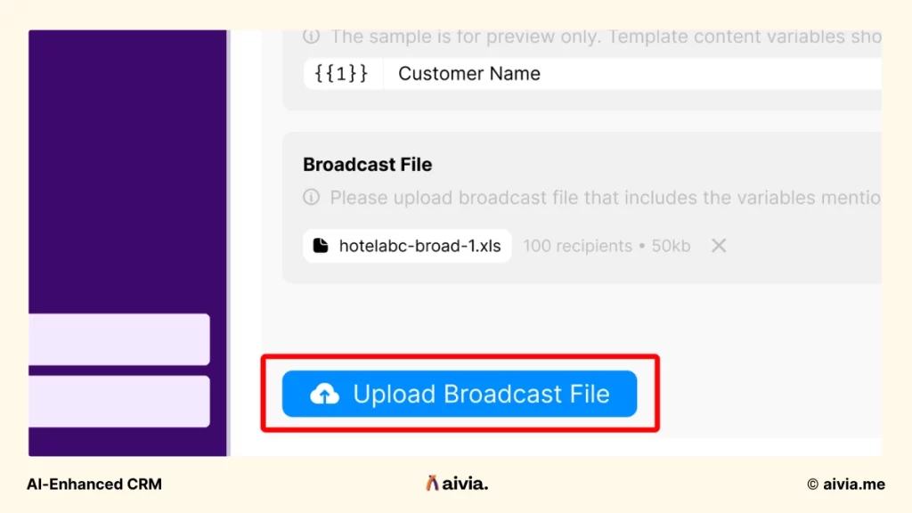 fitur upload broadcast file di aivia crm