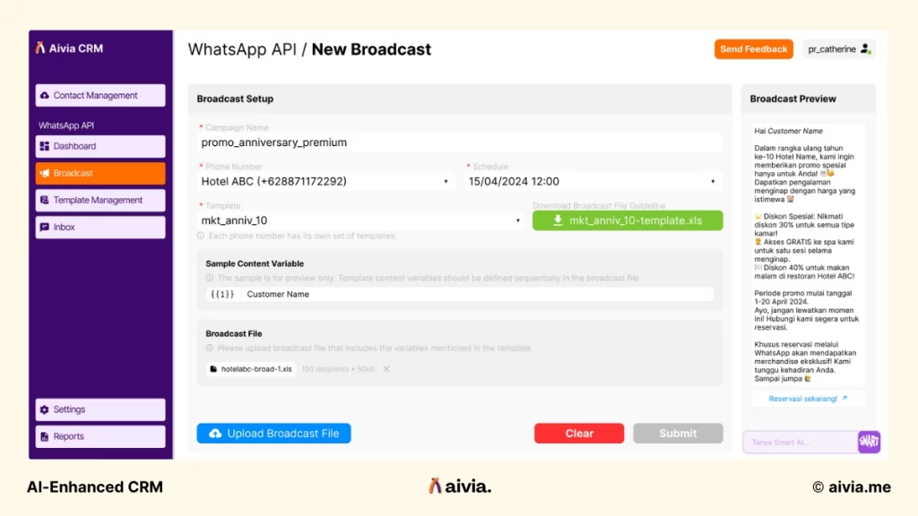 fitur broadcast management di aivia crm