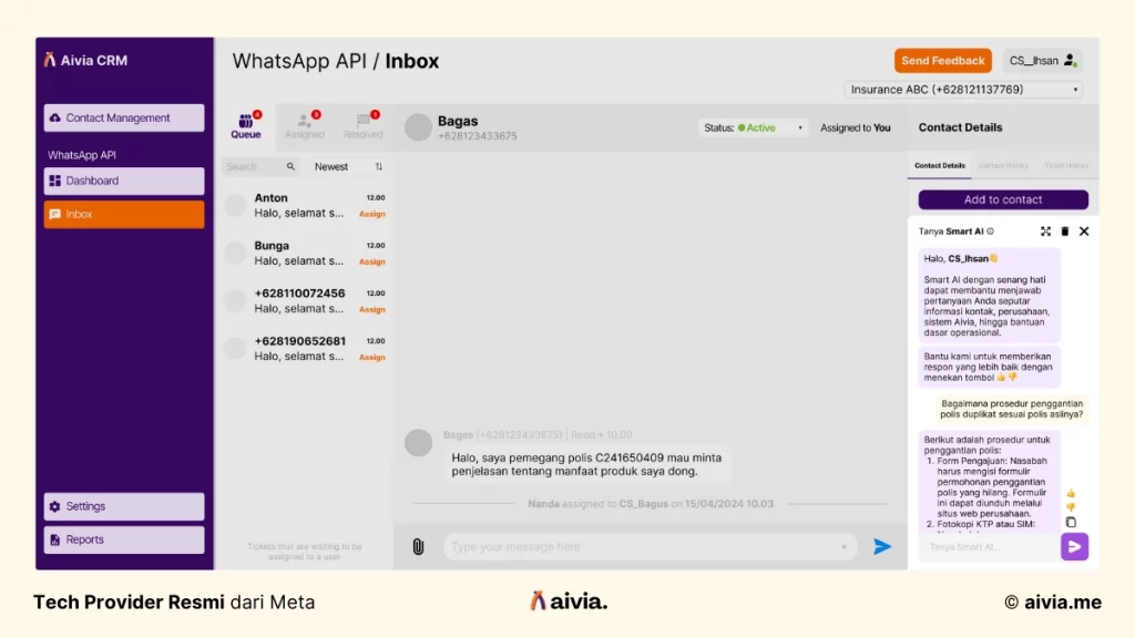 aivia crm sudah terintegrasi dengan whatsapp business api dan fitur canggih seperti smart ai dan sensitive word blocker