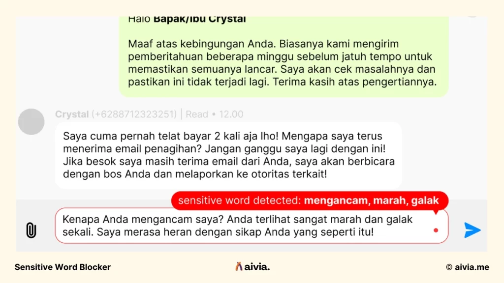 fitur sensitive word blocker di aivia crm