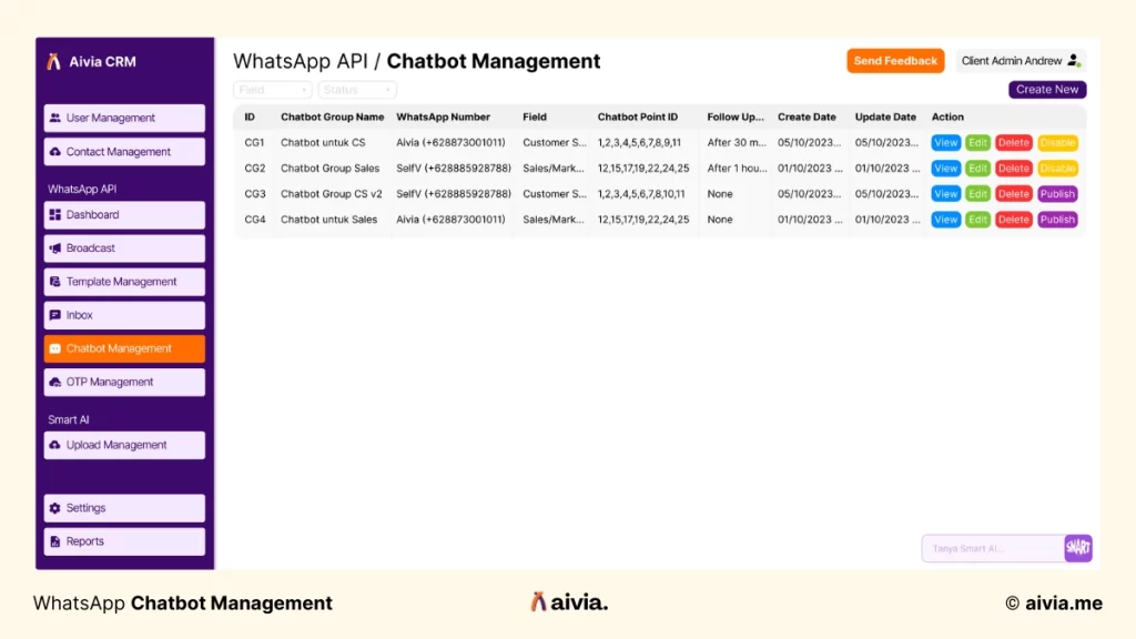 ui chatbot management di aivia crm