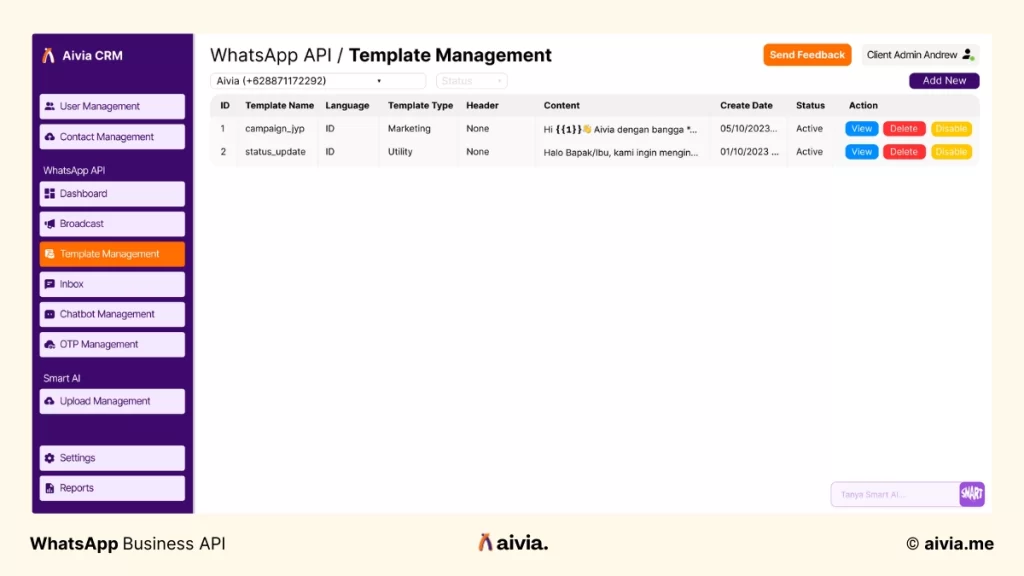 ui template management whatsapp api di aivia crm