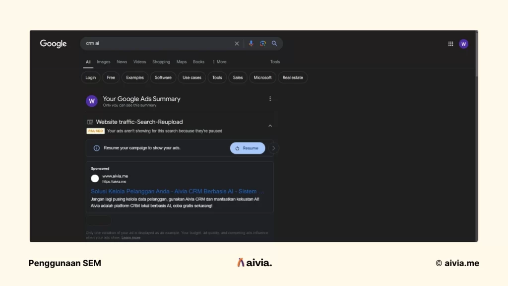 contoh penggunaan sem pada website aivia