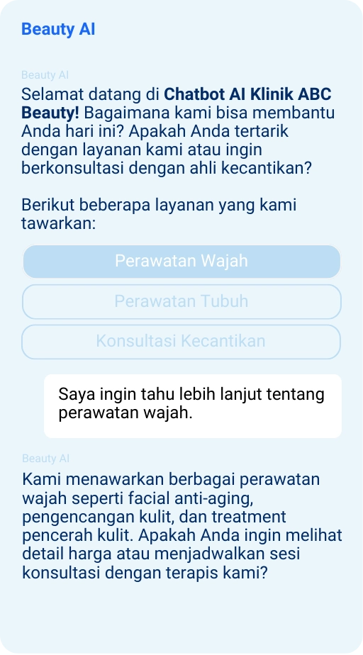 Contoh penggunaan Chatbot AI AIVIA pada platform Aplikasi di industri klinik kecantikan