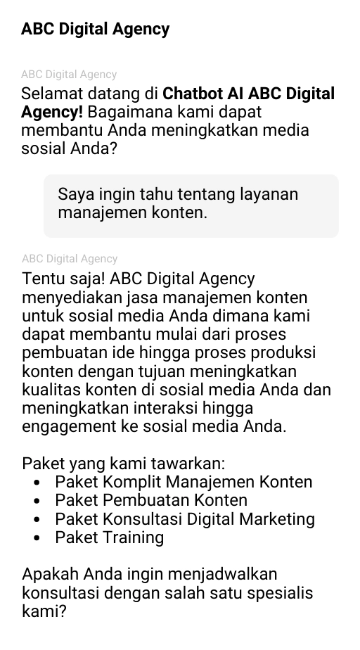 Contoh penggunaan Chatbot AI AIVIA pada platform Lainnya di industri agensi digital