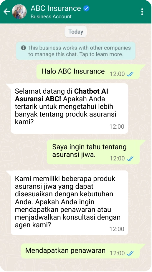 Contoh penggunaan Chatbot AI AIVIA pada platform WhatsApp di industri asuransi