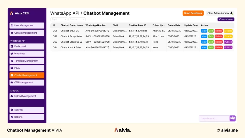 chatbot management aivia crm